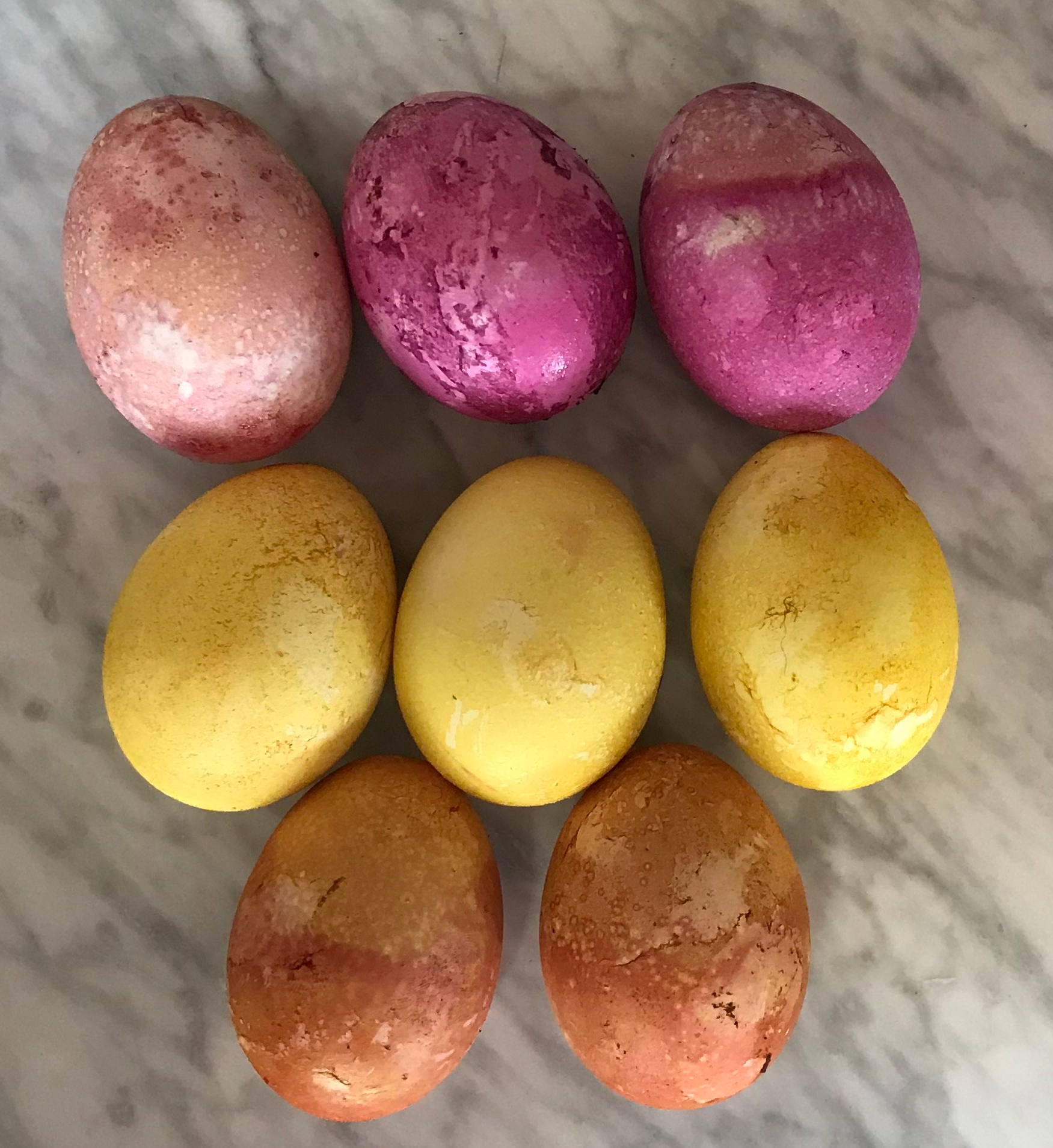 pink (beet dyed), yellow (turmeric dyed) and orange (mixed bath) eggs 